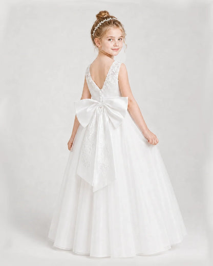 Dideyttawl Embroidered Satin Tulle Girl Formal Dress with Bow