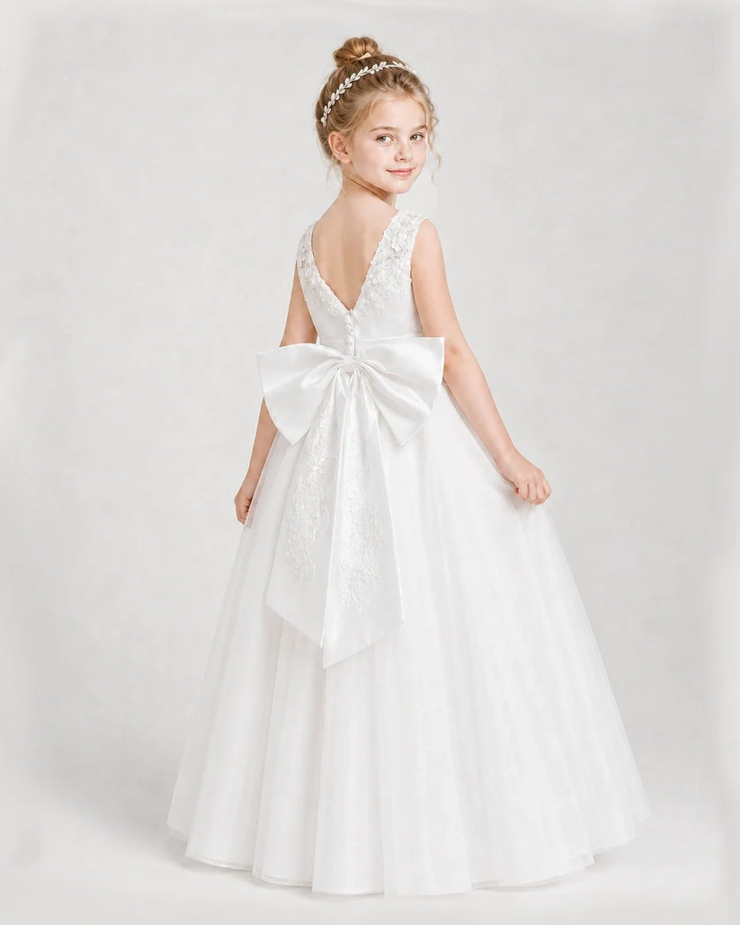 Ivory Satin Tulle A-Line Girls Formal Dresses Side View
