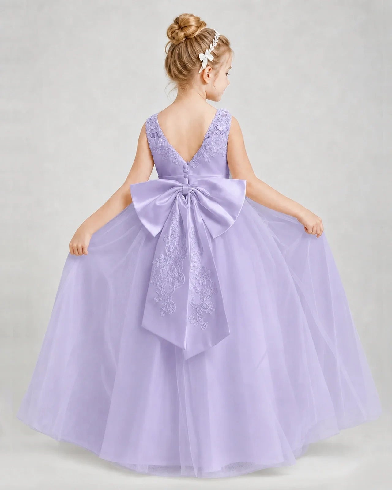 Dideyttawl Embroidered Satin Tulle Girl Formal Dress with Bow