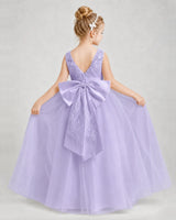 Lavender Satin and Tulle A-Line Girls Formal Dresses Back View