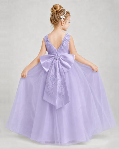 Dideyttawl Embroidered Satin Tulle Girl Formal Dress with Bow