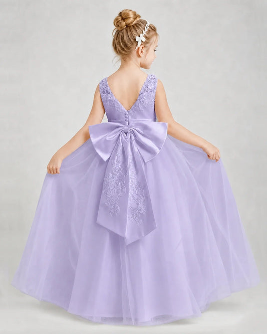Lavender Satin and Tulle A-Line Girls Formal Dresses Back View