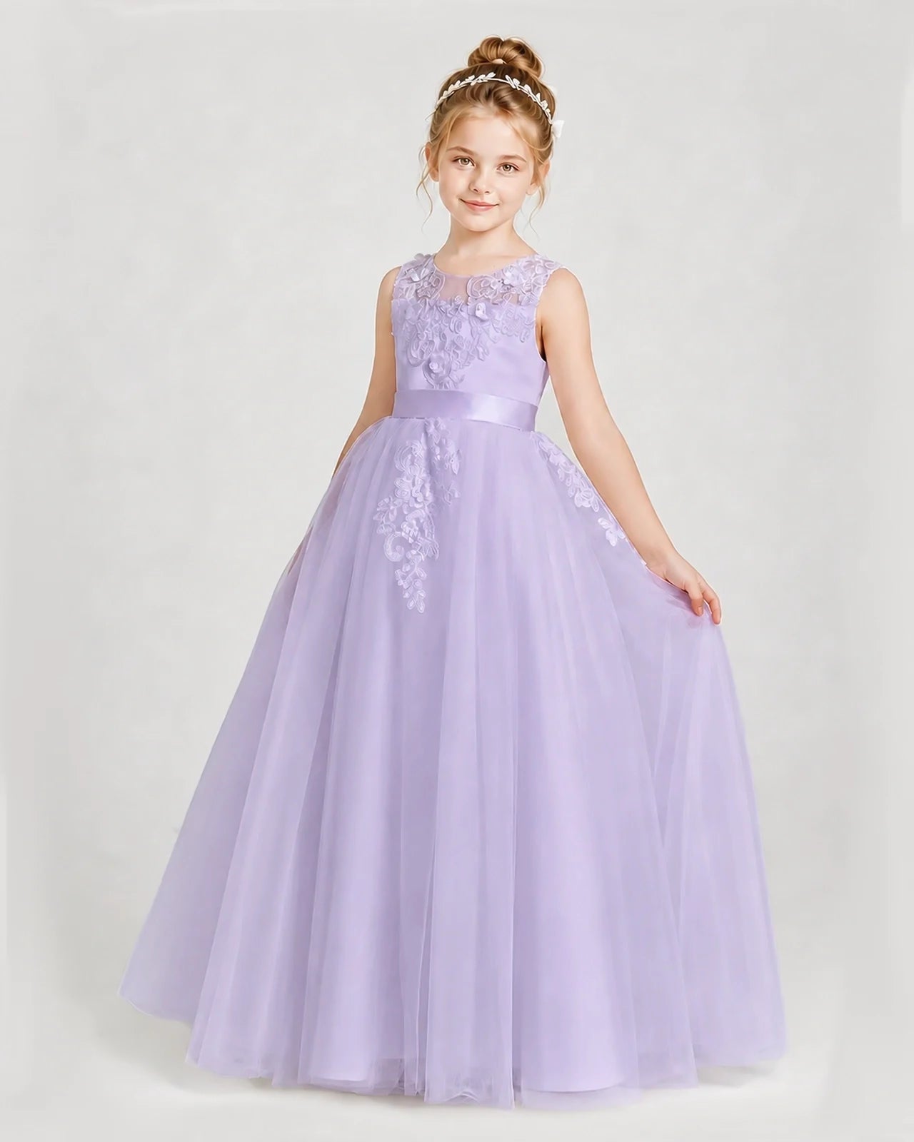 Dideyttawl Embroidered Satin Tulle Girl Formal Dress with Bow