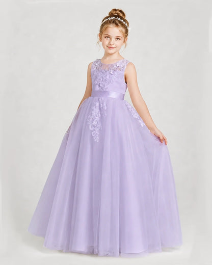 Dideyttawl Embroidered Satin Tulle Girl Formal Dress with Bow
