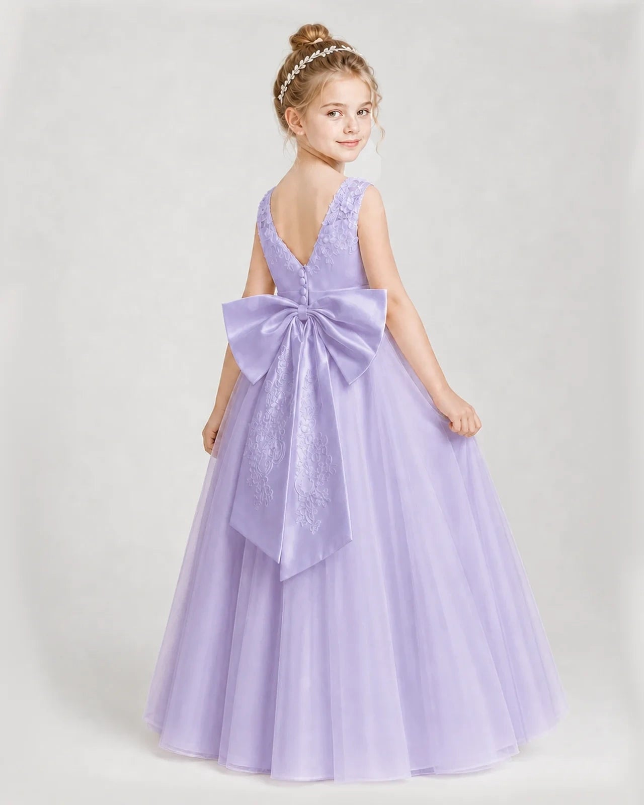Dideyttawl Embroidered Satin Tulle Girl Formal Dress with Bow