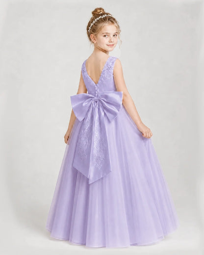 Dideyttawl Embroidered Satin Tulle Girl Formal Dress with Bow