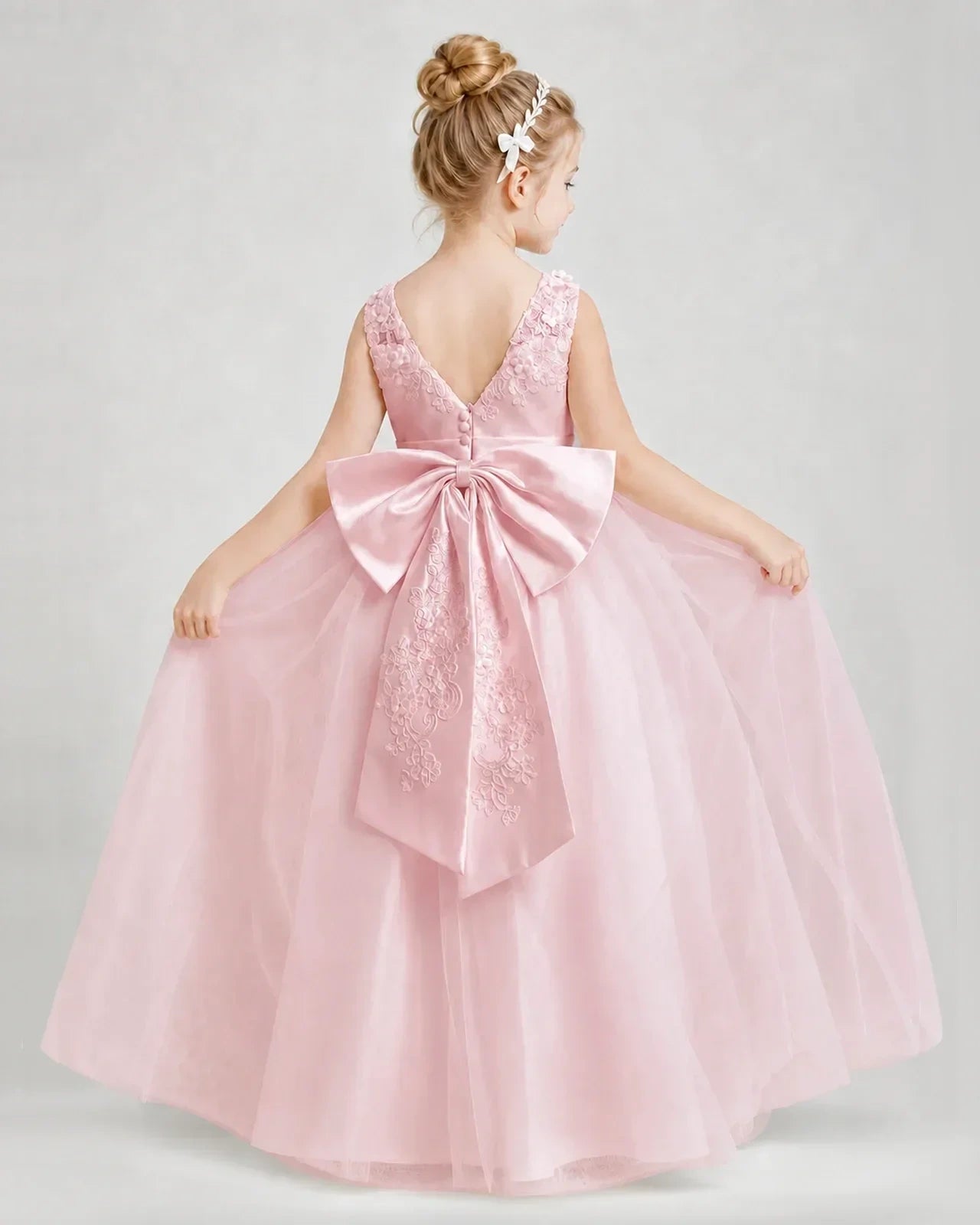 Dideyttawl Embroidered Satin Tulle Girl Formal Dress with Bow