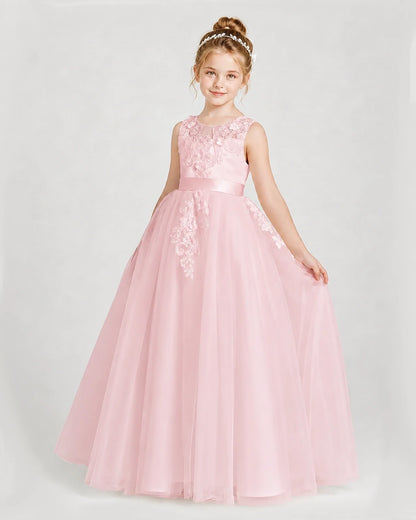 Dideyttawl Embroidered Satin Tulle Girl Formal Dress with Bow