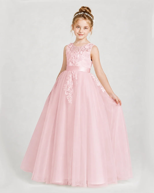 Pink Satin and Tulle A-Line Girls Formal Dresses Front View