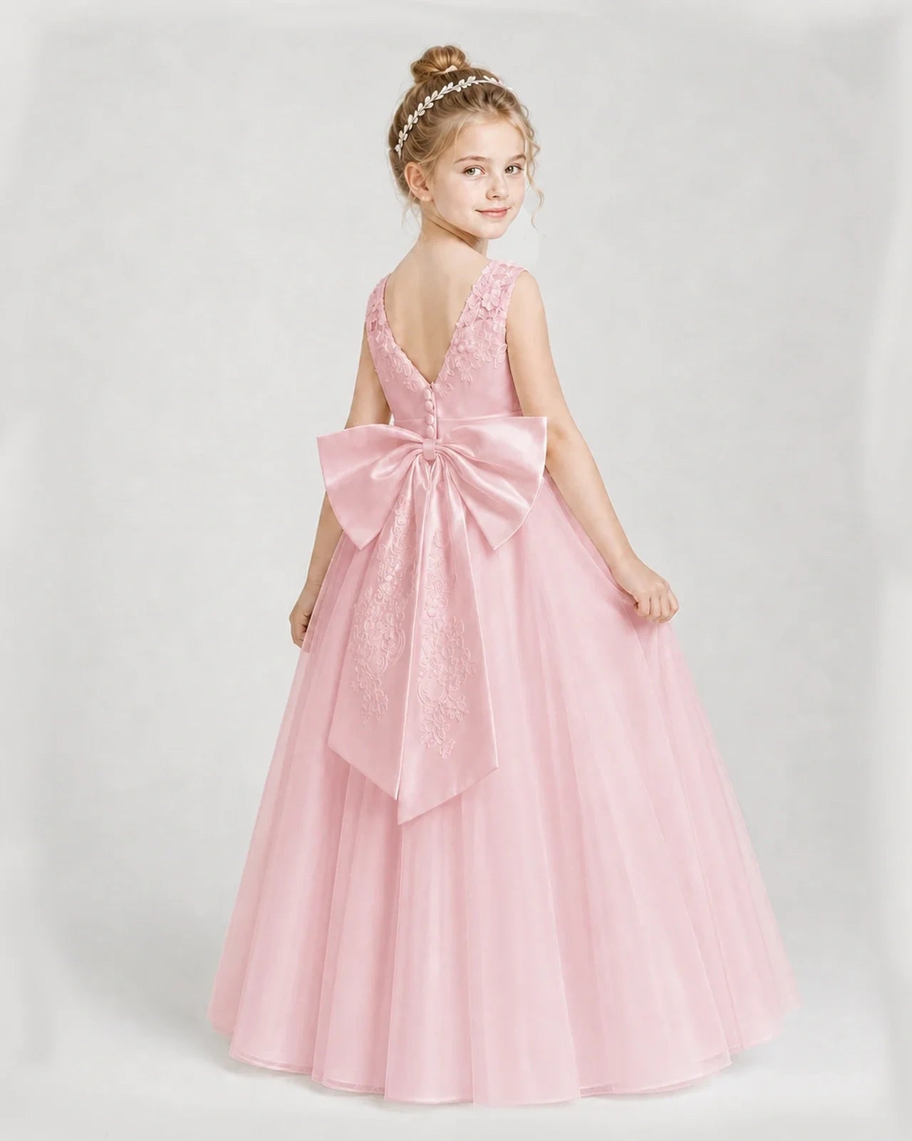 Dideyttawl Embroidered Satin Tulle Girl Formal Dress with Bow