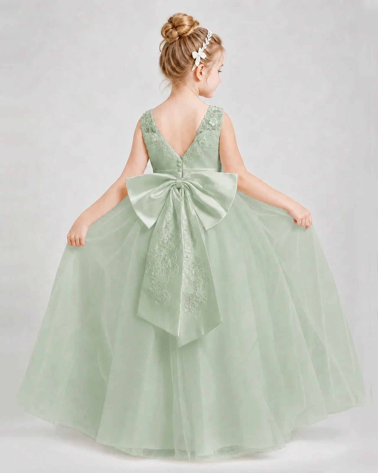 Dideyttawl Embroidered Satin Tulle Girl Formal Dress with Bow