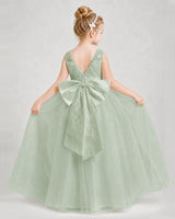 Sage Green Satin and Tulle Ball Gown Girls Formal Dresses Back View