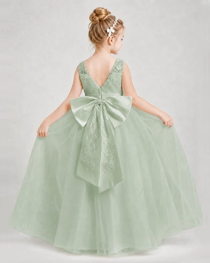 Dideyttawl Embroidered Satin Tulle Girl Formal Dress with Bow