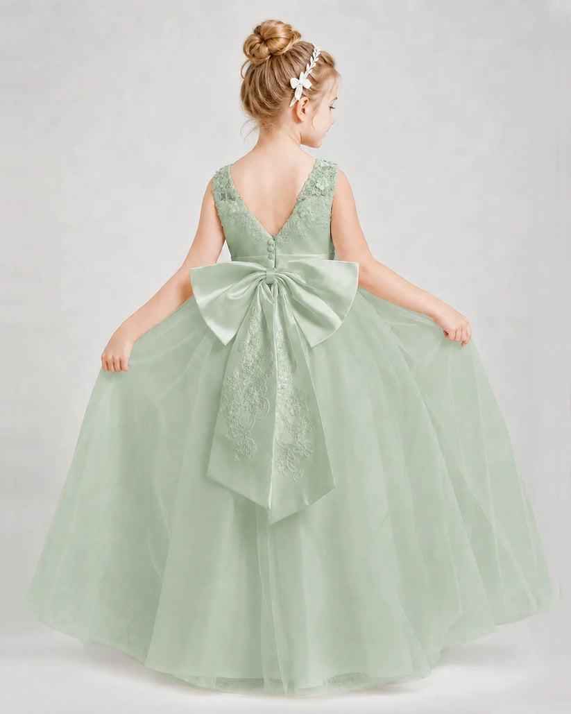 Sage Green Satin and Tulle Ball Gown Girls Formal Dresses Back View
