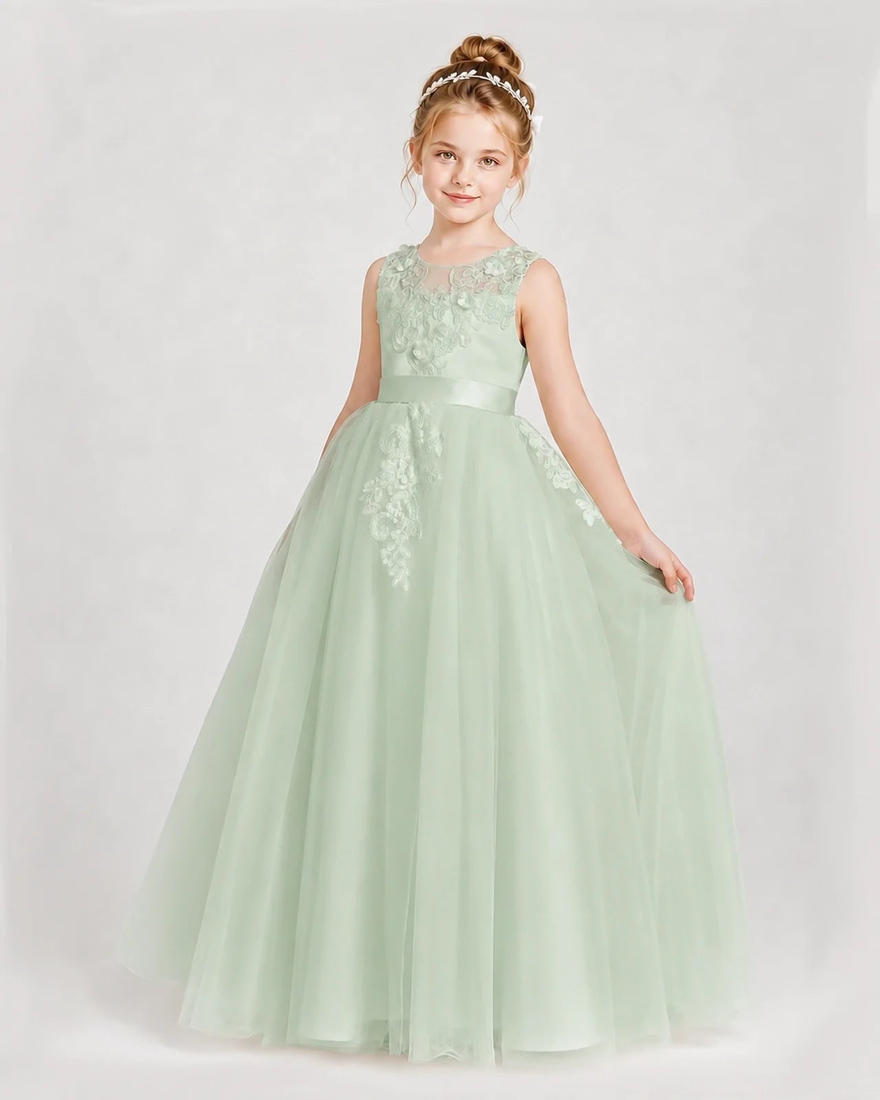 Dideyttawl Embroidered Satin Tulle Girl Formal Dress with Bow