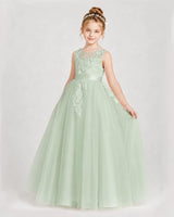 Sage Green Satin Tulle A-Line Girls Formal Dresses Front View