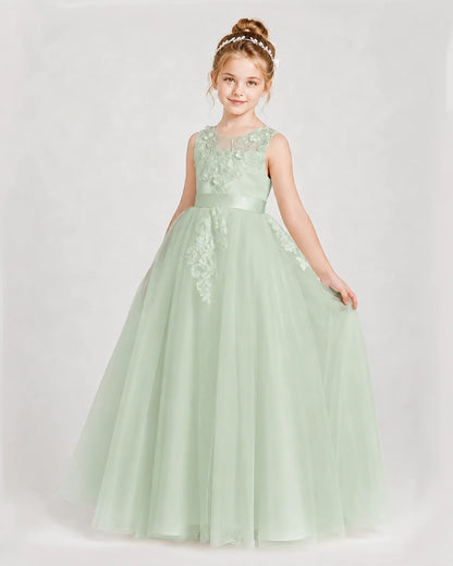 Dideyttawl Embroidered Satin Tulle Girl Formal Dress with Bow