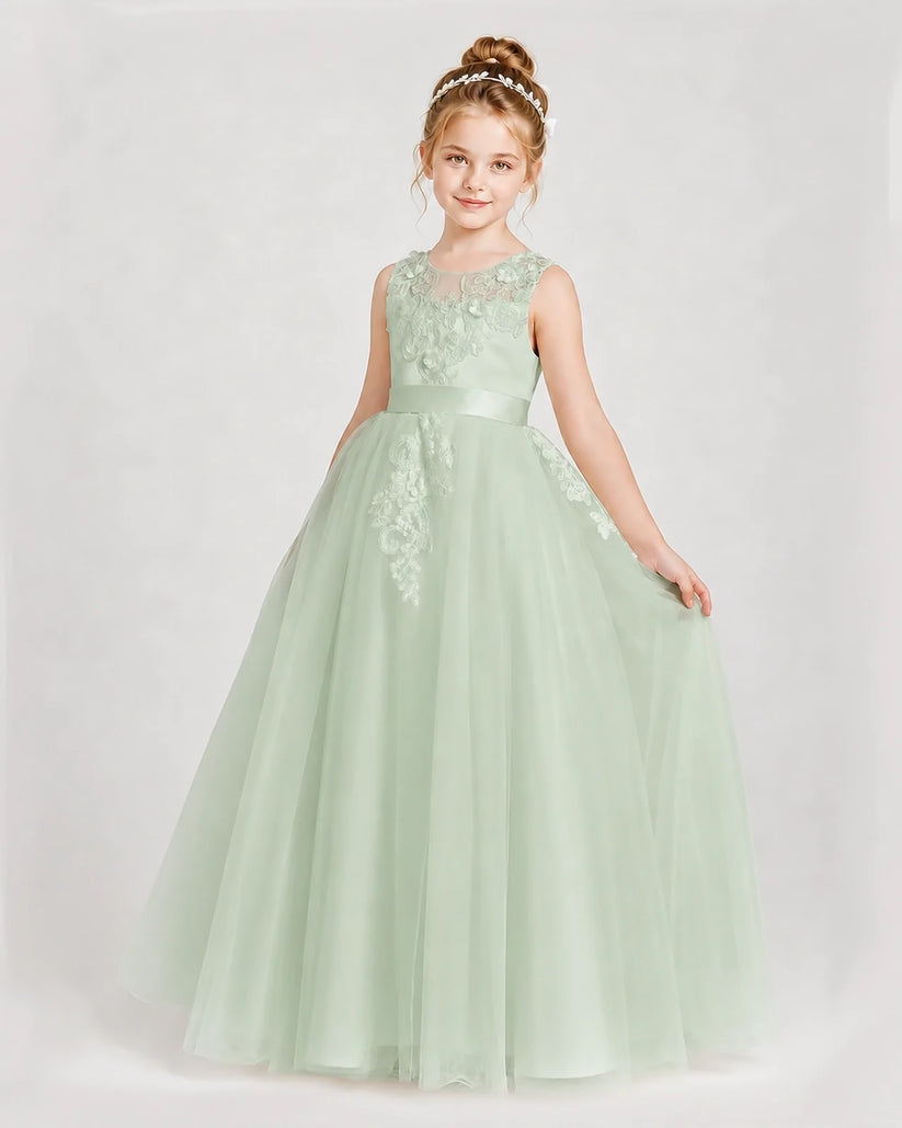 Sage Green Satin Tulle A-Line Girls Formal Dresses Front View