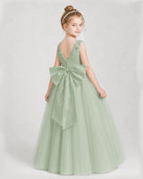 Sage Green Satin and Tulle V-Neck A-Line Girls Formal Dresses Side View
