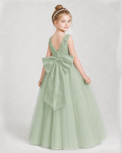 Dideyttawl Embroidered Satin Tulle Girl Formal Dress with Bow