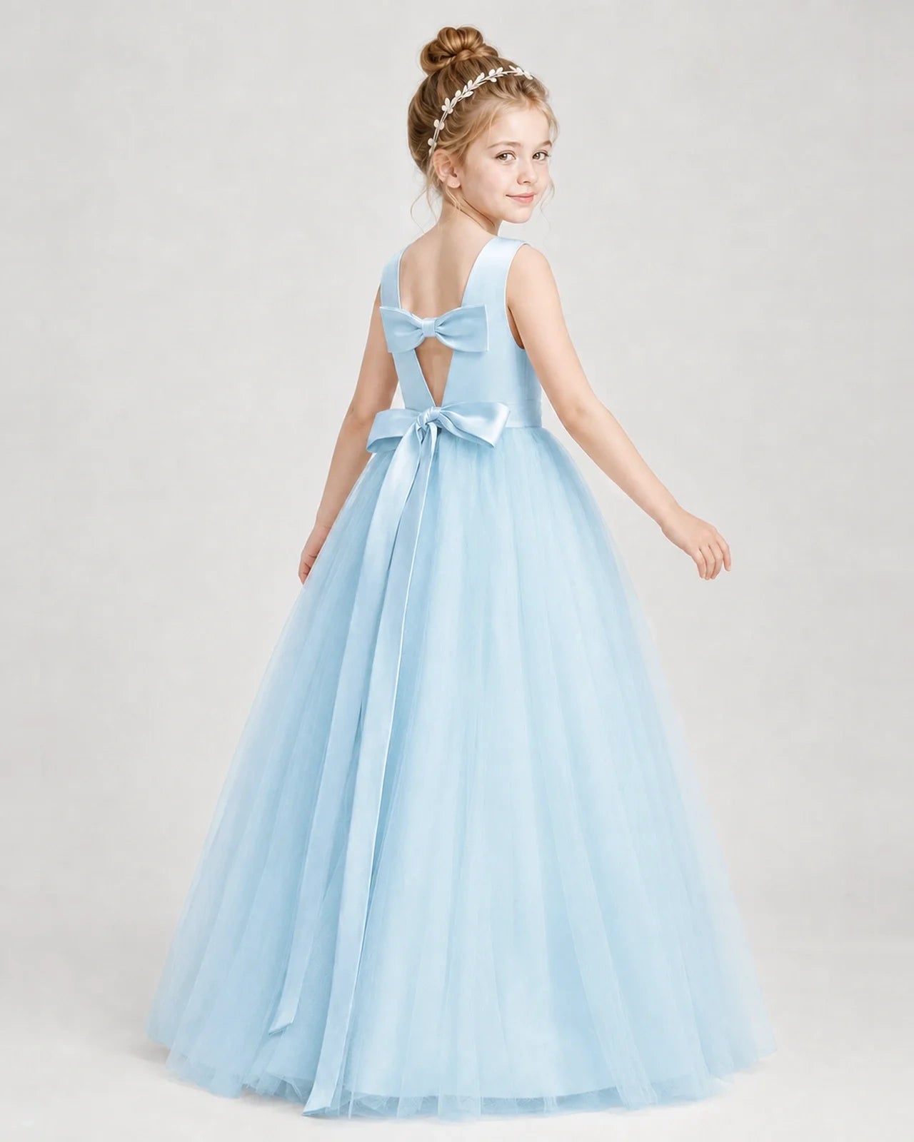Dideyttawl Double Back Bow Satin Tulle Girl Formal Dress