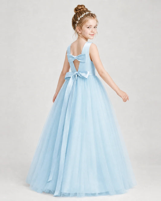 Light Blue Satin And Tulle A-Line Girls Formal Dresses Back View