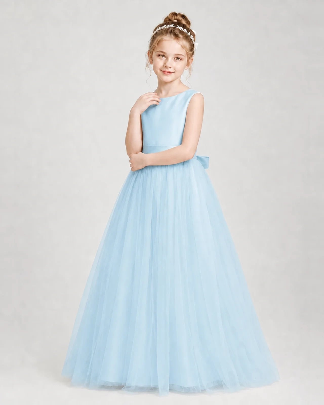 Dideyttawl Double Back Bow Satin Tulle Girl Formal Dress