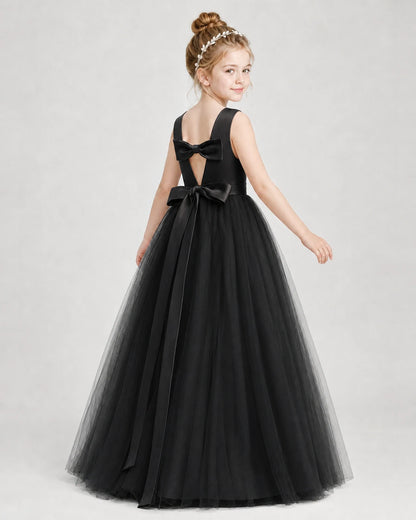 Dideyttawl Double Back Bow Satin Tulle Girl Formal Dress