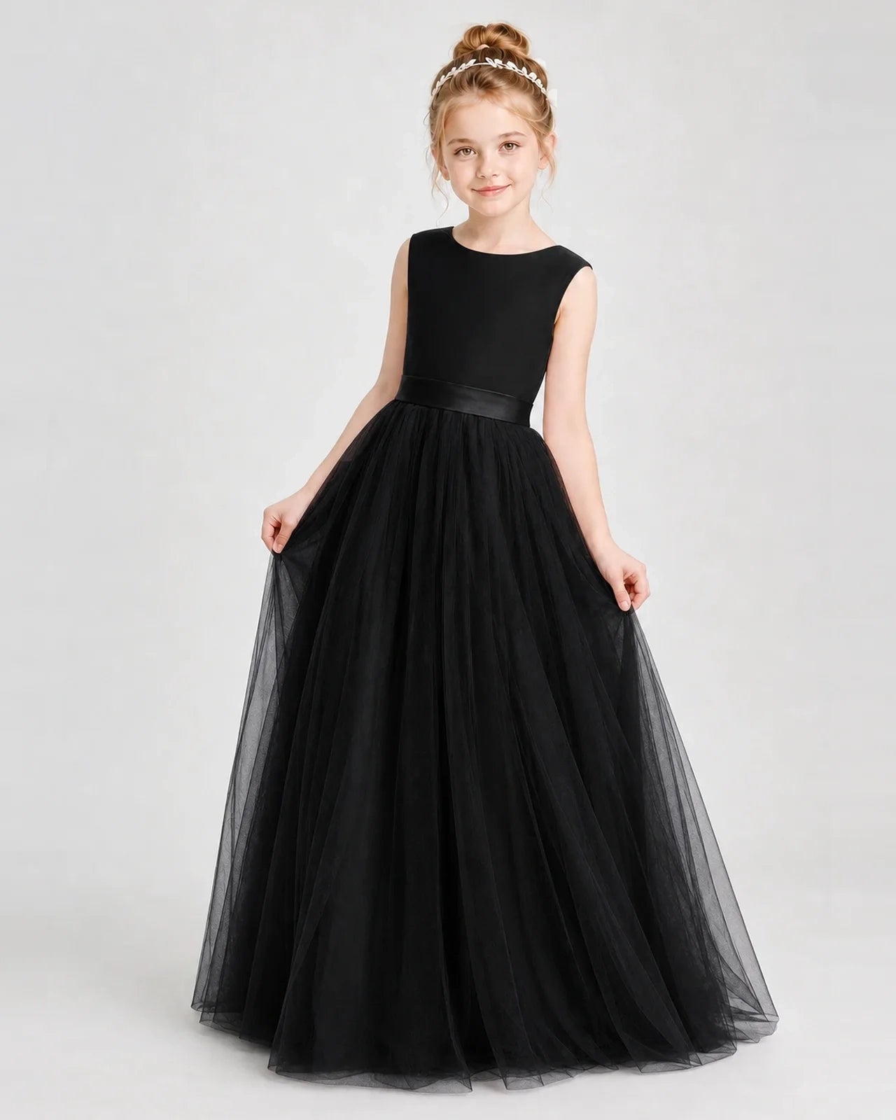 Dideyttawl Double Back Bow Satin Tulle Girl Formal Dress
