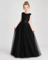 Black Satin and Tulle A-Line Girls Formal Dresses Front View