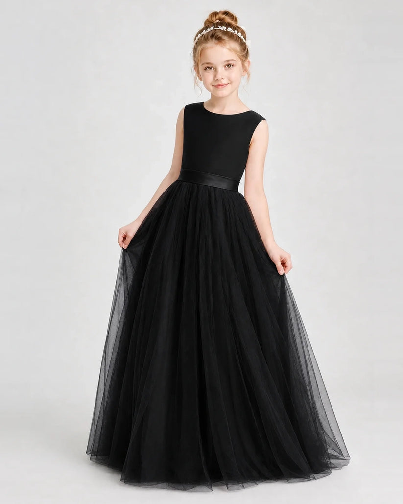 Black Satin and Tulle A-Line Girls Formal Dresses Front View