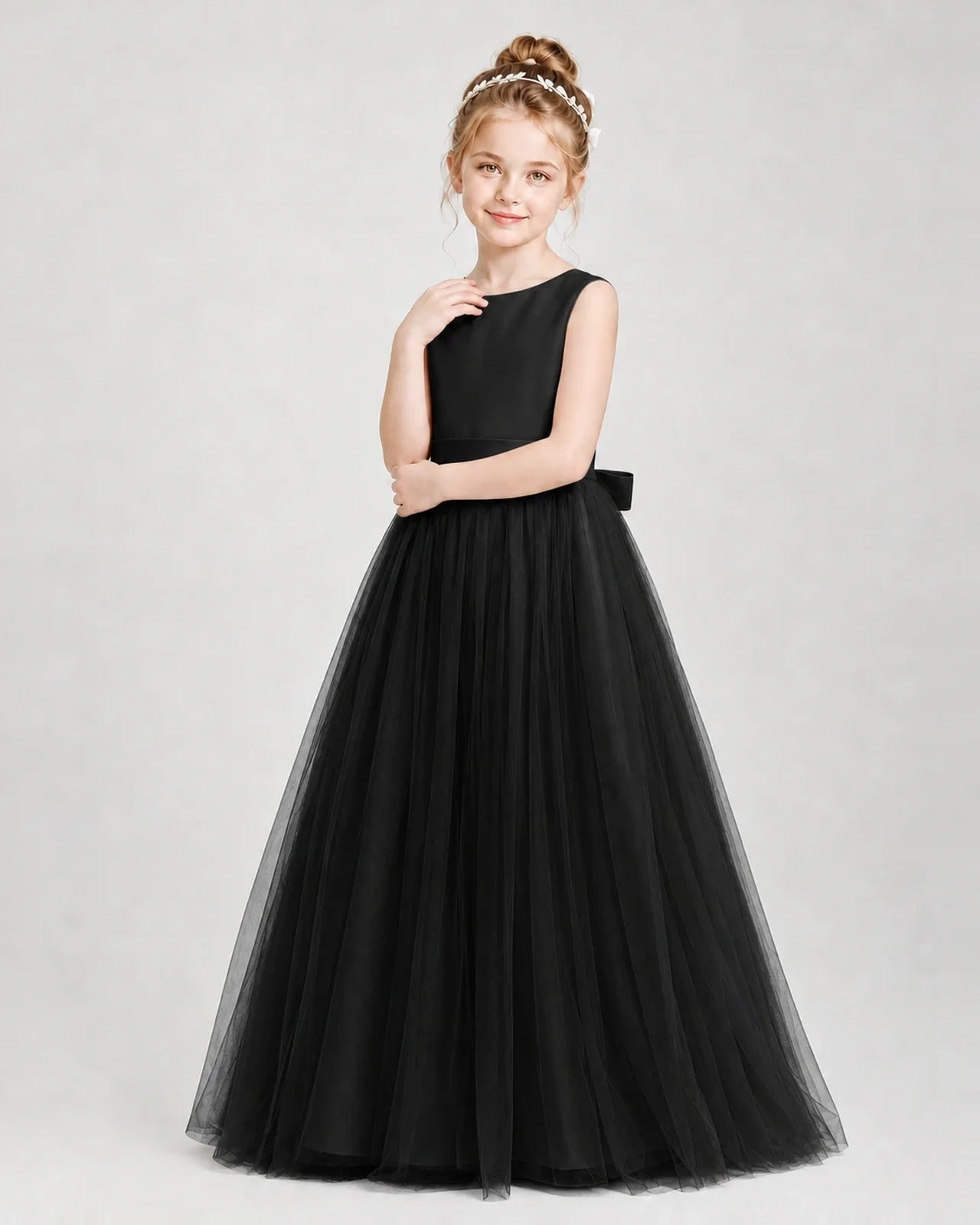 Dideyttawl Double Back Bow Satin Tulle Girl Formal Dress