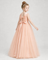 Blush Pink Satin Tulle Bow A-Line Girls Formal Dresses Back View
