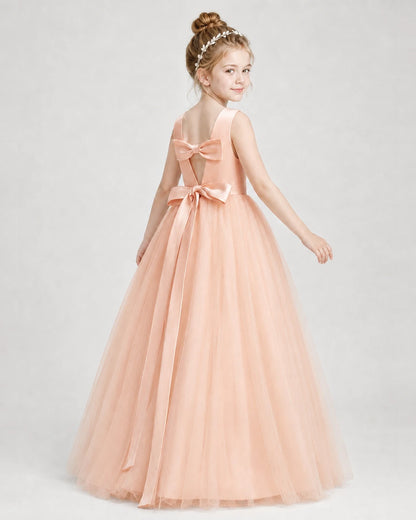Dideyttawl Double Back Bow Satin Tulle Girl Formal Dress