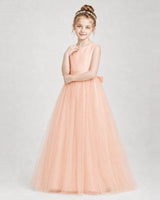 Blush Pink Satin and Tulle A-Line Girls Formal Dresses Side View