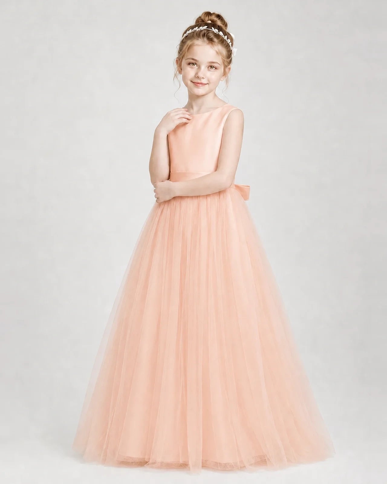 Blush Pink Satin and Tulle A-Line Girls Formal Dresses Side View
