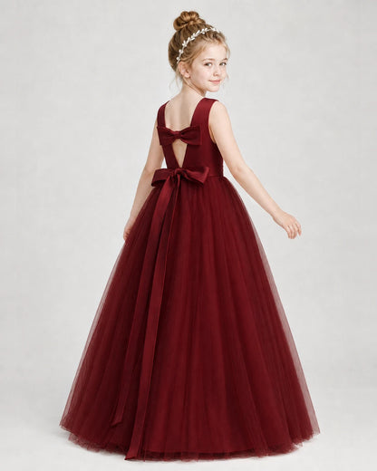 Dideyttawl Double Back Bow Satin Tulle Girl Formal Dress