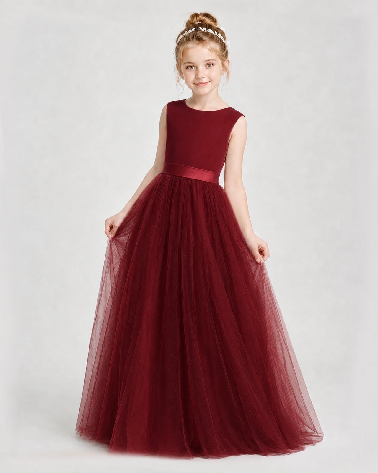 Dideyttawl Double Back Bow Satin Tulle Girl Formal Dress