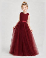 Burgundy Satin and Tulle A-Line Girls Formal Dresses Front View