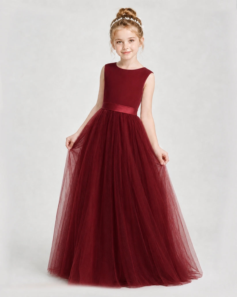 Burgundy Satin and Tulle A-Line Girls Formal Dresses Front View