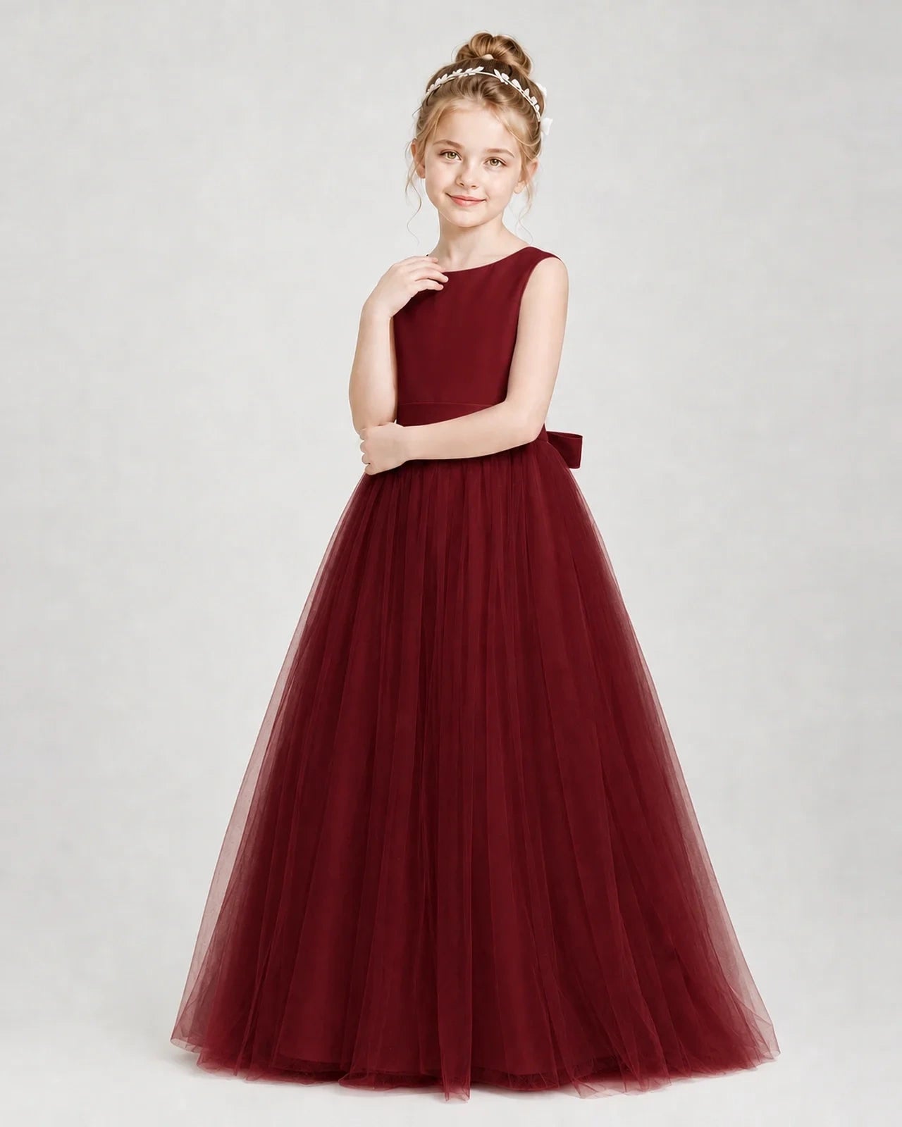 Dideyttawl Double Back Bow Satin Tulle Girl Formal Dress