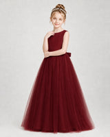 Burgundy Satin and Tulle A-Line Girls Formal Dresses Side View