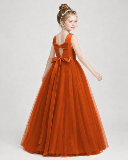 Dideyttawl Double Back Bow Satin Tulle Girl Formal Dress