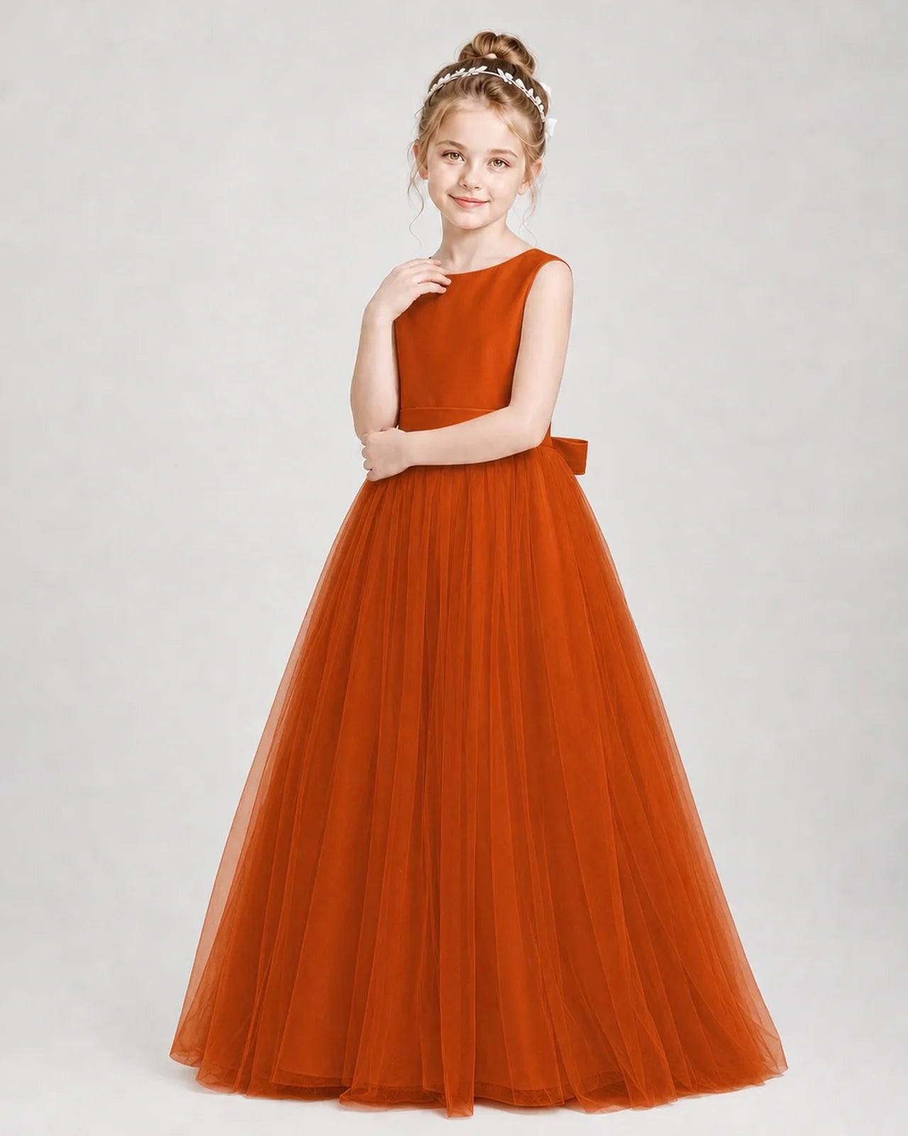 Dideyttawl Double Back Bow Satin Tulle Girl Formal Dress