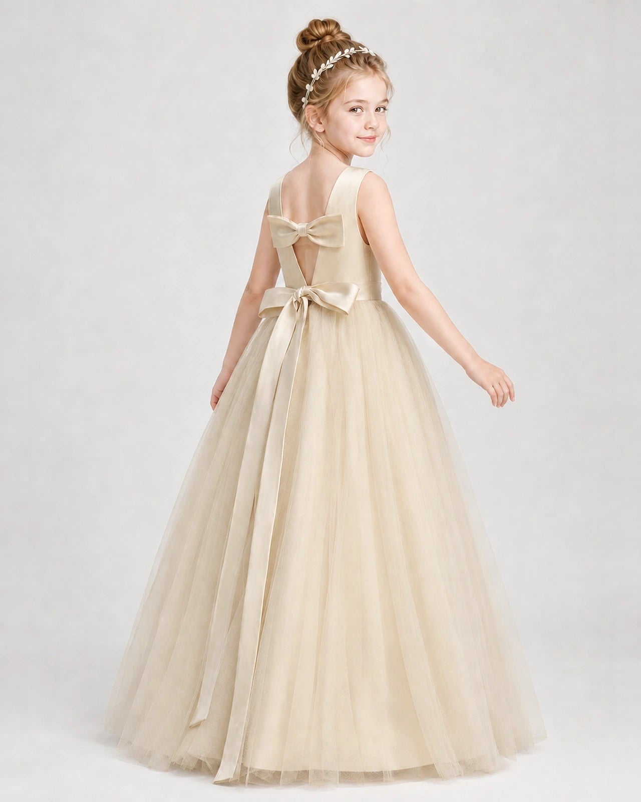 Dideyttawl Double Back Bow Satin Tulle Girl Formal Dress