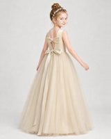 Champagne Satin and Tulle Bow-Back A-Line Girls Formal Dresses Back View