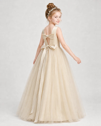 Dideyttawl Double Back Bow Satin Tulle Girl Formal Dress
