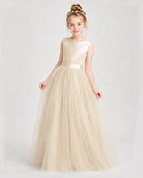 Champagne Satin and Tulle A-Line Girls Formal Dresses Front View