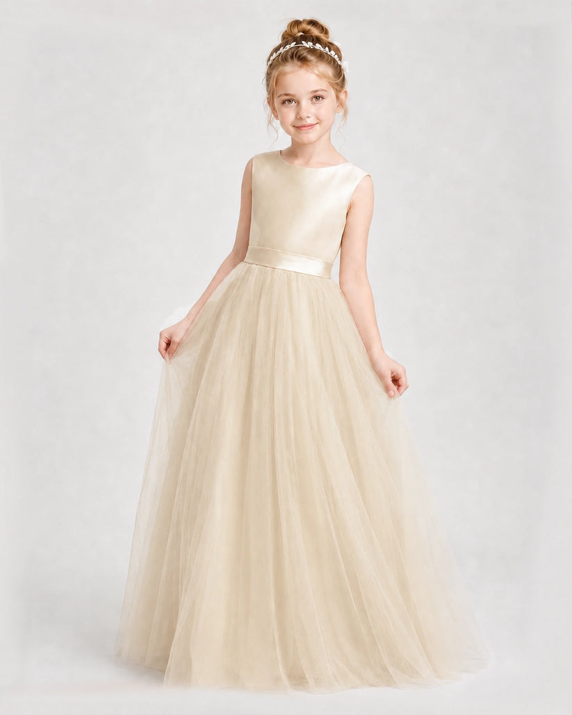 Champagne Satin and Tulle A-Line Girls Formal Dresses Front View