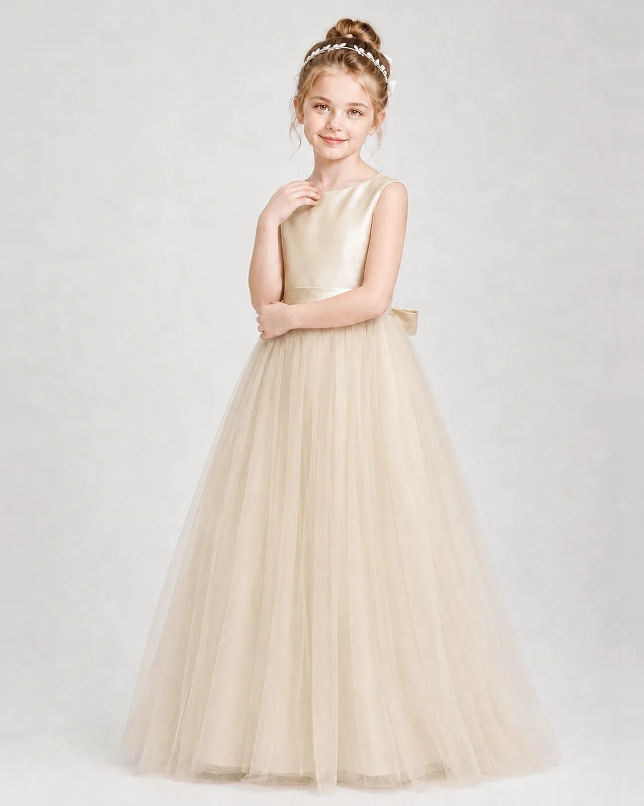 Dideyttawl Double Back Bow Satin Tulle Girl Formal Dress